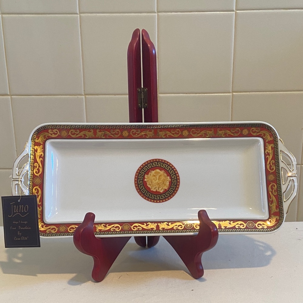 🌺Juno Fine Porcelain By Casa Elite Rectangular Tray - 12” Red and Gold